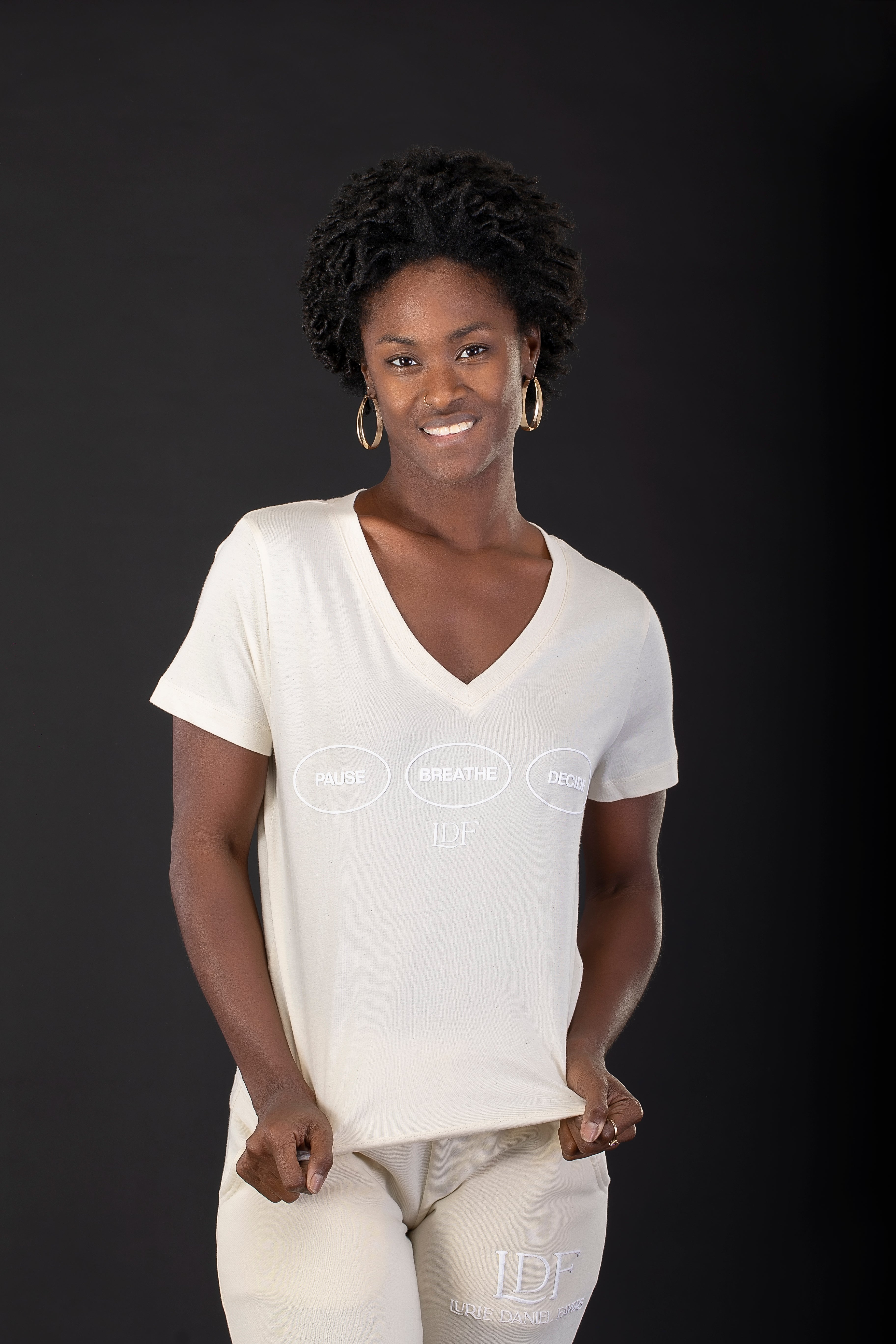 Women's Natural V-Neck Tee – Pause. Breathe. Decide.