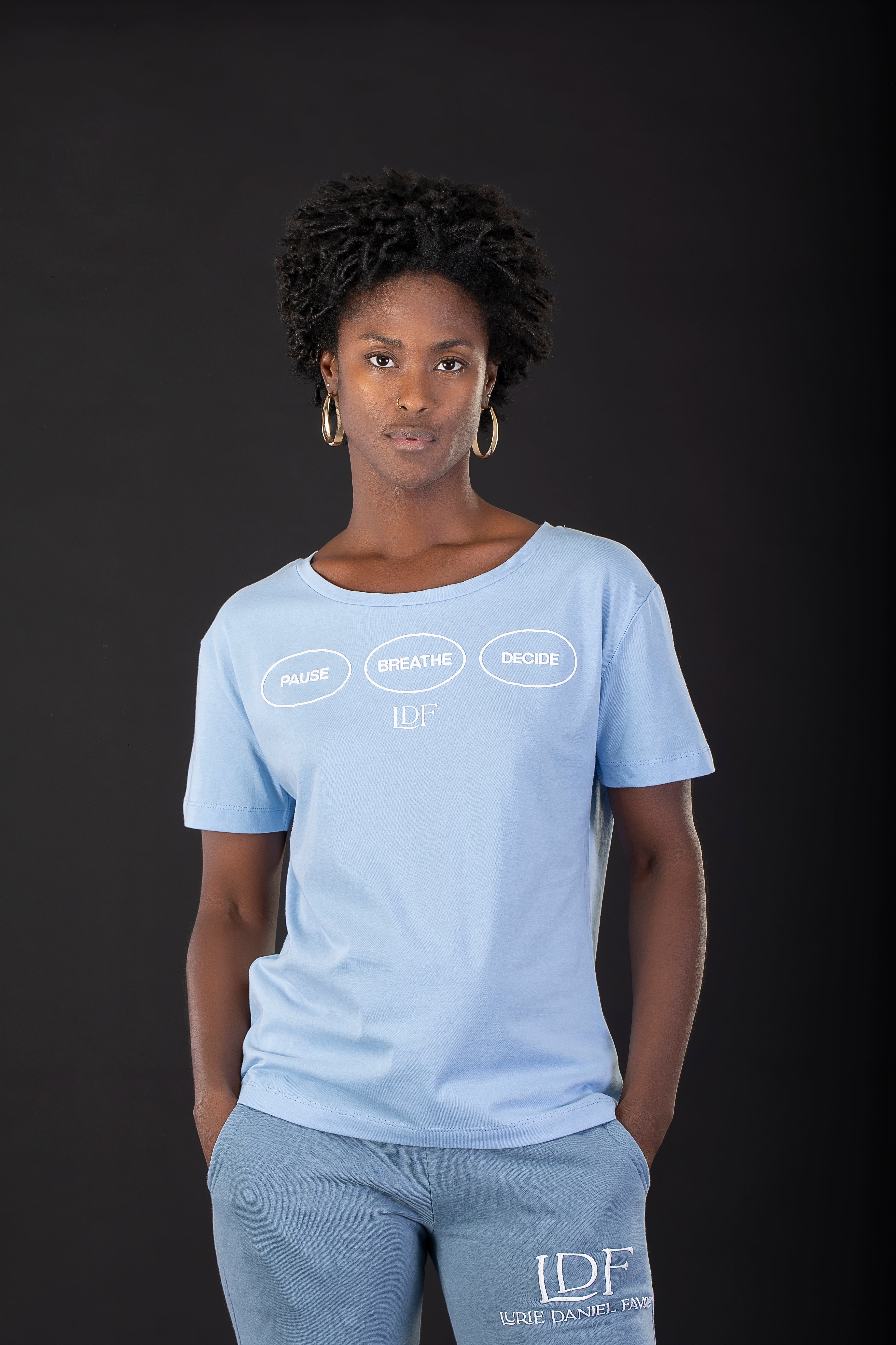 Women's Sky Blue Scoop Neck Tee – Pause. Breathe. Decide.
