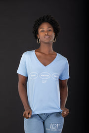 Women's Sky Blue V-Neck Tee – Pause. Breathe. Decide.