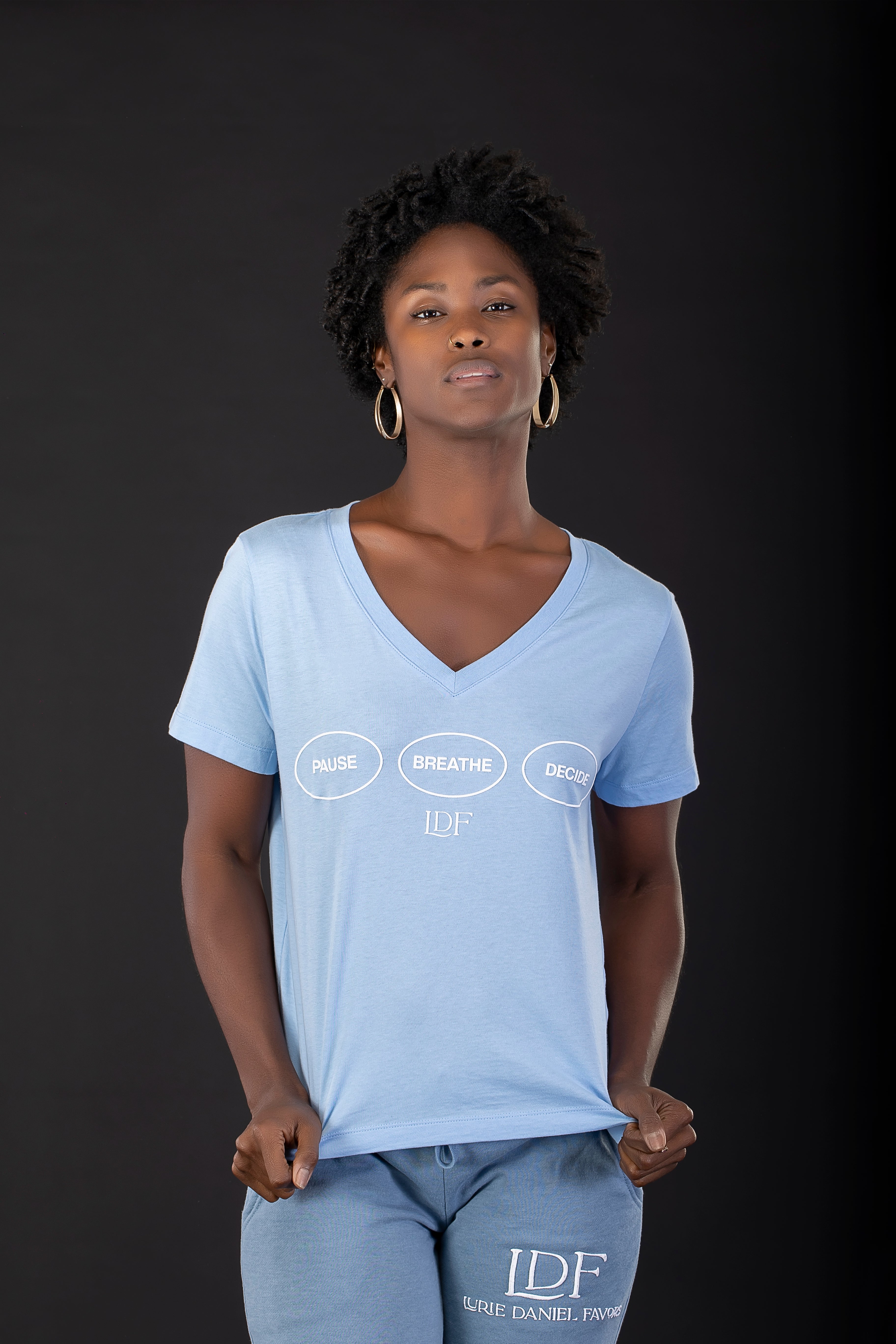 Women's Sky Blue V-Neck Tee – Pause. Breathe. Decide.
